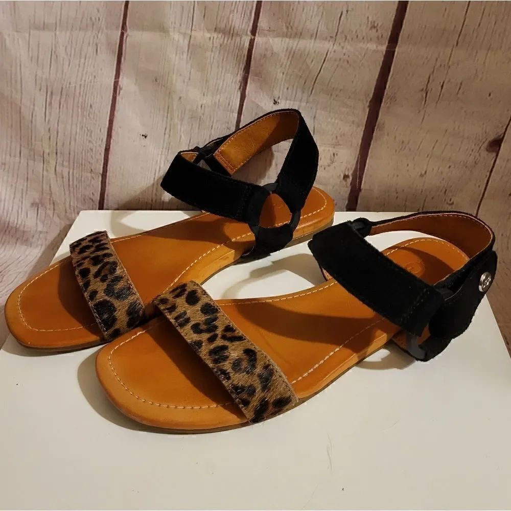 UGG Rynell Black Suede & Leopard Print Calfshair Strap Leather Sandals 7m $125